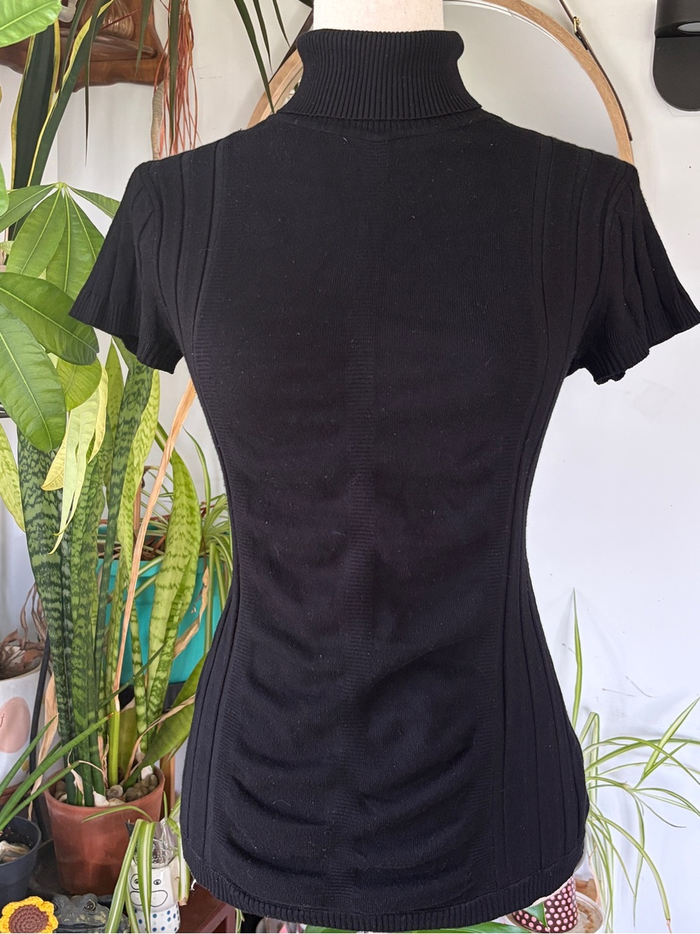 Vintage Cache Short Sleeve Turtleneck Sweater Black Ruched Ribbed Y2K